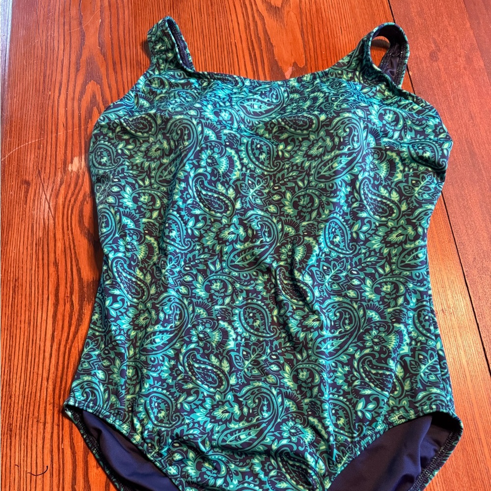 Land’s End women’s one piece swimsuit, dark green paisley pattern